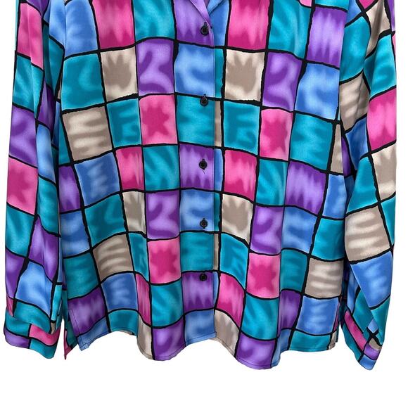 Vintage Jewel Tone Blouse Womens XL Stain Glass Print Artsy Vibrant Notations - Picture 4 of 6